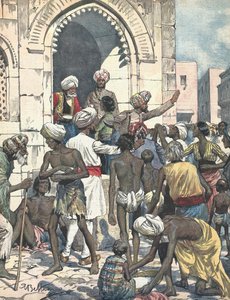 Indien. Torka orsakar epidemier. Matdistribution. Illustrerad av Antonio Beltrame. "La domenica del Corriere"". 26 februari av Achille Beltrame
