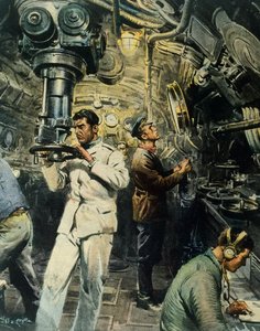 Interiör av ubåt, av Achille Beltrame (1871-1945), illustration från La Domenica del Corriere, 28 december av Achille Beltrame