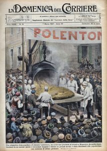 Italiensk populär festival: polenta geante (polentone) anordnad i en stad nära Asti i Veneto. Illustration av Achille Beltrame i "La Domenica del Corriere" "av 1937-03-07. av Achille Beltrame