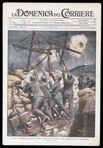 Italienska soldater sätter frisisk häst på skyttegrav, tallrik av Achille Beltrame (1871-1945) för Domenica del Corriere, 2-9 april 1916, första världskriget, Italien, 1900-talet av Achille Beltrame