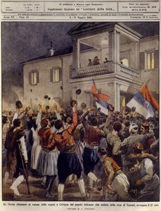 Kung Nicholas I av Montenegro inför en folkmassa i Cettigne efter kapitulationen av staden Shkoder, 4 maj av Achille Beltrame