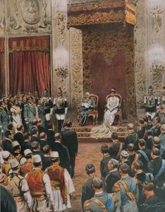 Kung av Italien, Vittorio Emanuele III av Savojen, kröns till kung av albanerna, av Achille Beltrame, illustration, illustratör Achille Beltrame (1871-1945), från La Domenica del Corriere av Achille Beltrame