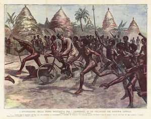 Uppenbarelsen av den första cykeln bland kannibaler, i en by i Bangwa (Afrika) av Achille Beltrame