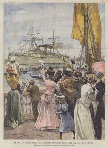 Jublar folkmassan närvarar vid avgången från Venedig för Kina av R-skeppet Vesuvius av Achille Beltrame