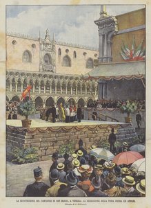 Rekonstruktion av Campanile di San Marco, i Venedig, välsignelsen av den första stenen (25 april)