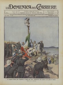 Den italienska erövringen av Tripolitanien vidgas gradvis och höjer flaggan på toppen av Tagiura av Achille Beltrame