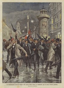Demonstrationen mot italienarna på torget Maria Teresa, Innsbruck, för den nya juridiska fakulteten av Achille Beltrame