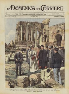 Den tyska kejserliga familjen i Italien, suveränerna besöker ruinerna av den grekiska teatern i Taormina med sina barn av Achille Beltrame