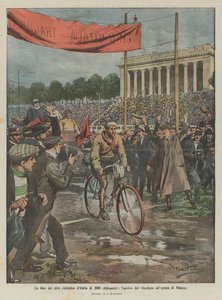 Slutet på den 3000 km långa cykelturen i Italien, vinnarens ankomst till Milano Arena