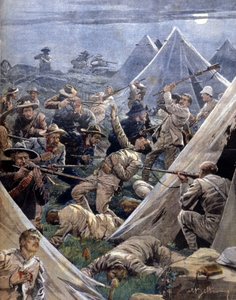 Boerkriget eller Transvaalkriget i Sydafrika mellan engelsmännen och boerna: de senare attackerade ett engelskt läger vid Tweenfontein. Illustration av Beltrame. Domenica del corriere. 1902. av Achille Beltrame