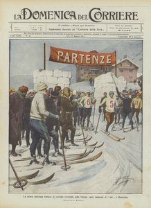 Den första italienska vinterturismkaravanen på Spluga, nationella skidlopp i Madesimo