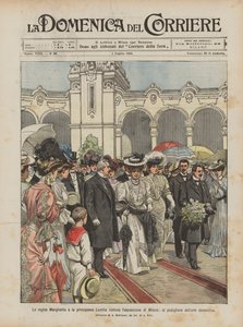 Drottning Margherita och prinsessan Laetitia besöker utställningen i Milano, vid den dekorativa konstpaviljongen