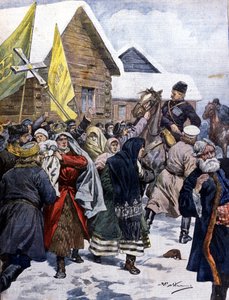 Vidskepelse i Ryssland: polisen försöker skingra sekten av nykristna. Illustration av Beltrame. Domenica del corriere. 1901. av Achille Beltrame