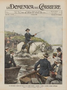 Simkorsningen av Tibern av en spänd och beriden häst, häst och ryttare kommer in i vattnet av Achille Beltrame