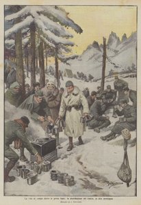 Livet i lägret bakom frontlinjerna, utdelningen av ransonerna, i de höga bergen