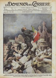 Aspiranten Franceschi hade lovat sig själv att plantera en trefärgad flagga på ruinerna av Castagnevizza av Achille Beltrame