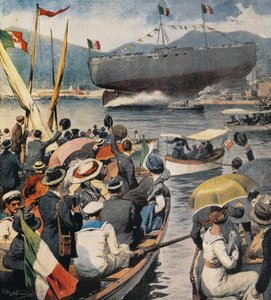 Sjösättning av slagskeppet Andrea Doria från Arsenale i La Spezia, panel av Achille Beltrame (1871-1945), La Domenica del Corriere, 6 april av Achille Beltrame