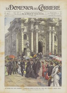Drottning Margheritas utflykter, den populära demonstrationen vid drottningens utgång från? av Achille Beltrame