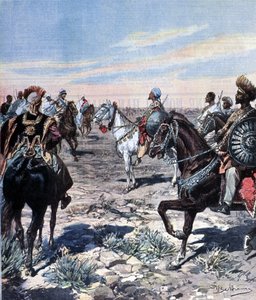Kapten Mozzetti på lägret Ras Makonnen (Mekonnen Welde Mikael) (Abba Qagnew) (1852-1906) i Etiopien. Illustration av Beltrame. Domenica del corriere. 1899. av Achille Beltrame