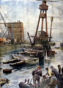 Det tyska slagskeppet Hindenburg, sänkt vid Scapa Flow i Skottland, återvände till ytan tack vare den engelska flottan efter 7 år tillbringat på havens botten. Illustration av Beltrame. Corrierens Domenica av Achille Beltrame