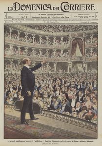 De stora demonstrationerna mot Giolittismo, Gabriele dAnnunzio talar till folket i Rom, i Costanzi-teatern av Achille Beltrame
