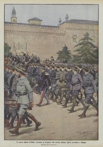 Den nya milisen i Italien, civilklädda volontärer på militärtidningen i november II i Milano