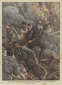 Leo Tolstoy, den store ryske författaren, som släcker branden som bröt ut på ett sjukhus i Bogoroditzk av Achille Beltrame