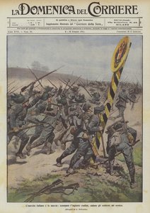Den italienska armén är på marsch, den orättvisa gränsen försvinner, fiendens emblem faller av Achille Beltrame
