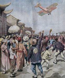 Löjtnant Arturo Ferrarin, deltagare i Rom-Tokyo raid, anländer och visar sig över Shanghais himmel, illustration av Achille Beltrame från La Domenica del Corriere, 16 maj av Achille Beltrame