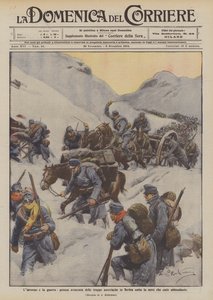 Vinter och krig, de österrikiska truppernas smärtsamma framfart i Serbien under den rikliga snön som faller av Achille Beltrame