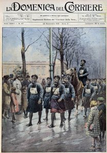 Mars anordnad i Warszawa för att träna befolkningen i användningen av gasmasker - ritning av A. Beltrame, i "" la Domenica del Corriere"" av 1931-11-22 av Achille Beltrame