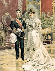 Äktenskap mellan kung Alfonso XIII av Spanien och prinsessan Ena av Battenberg, Achille Beltrame (1871-1945) från La Domenica del Corriere, 3 juni av Achille Beltrame