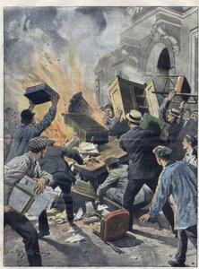 Midi-vinkrisen 1907: vinmakare satte eld på stadshuset i Beziers (Herault). Illustration av Achille Beltrame från 1907. av Achille Beltrame
