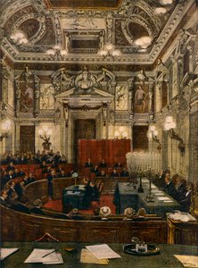 Milanos nya stadsfullmäktige i session, av Achille Beltrame (1871-1945), från La Domenica del Corriere av Achille Beltrame