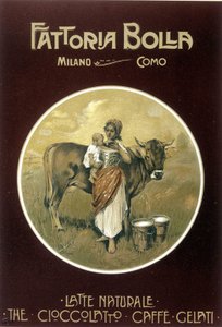 Mamma får sitt barn att dricka komjölk - Fattoria Bolla reklamaffisch (affisch) av Achille Beltrame