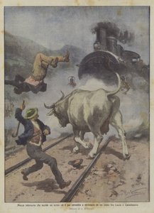 En arg ko som dödar en man och sedan träffas och krossas av ett tåg mellan Lucca och Castelnuovo av Achille Beltrame