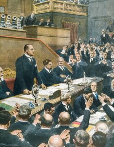 Mussolini tillkännager allians nådd mellan fyra västmakter till senaten, Achille Beltrame (1871-1945) från La Domenica del Corriere, 7 juni av Achille Beltrame