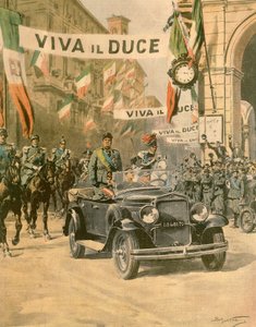 Mussolinis triumferande ankomst till Turin, av Achille Beltrame (1871-1945) från nummer av La Domenica del Corriere, oktober 1932 av Achille Beltrame