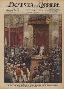 I tronrummet på Quirinale, accepterar Vittorio Emanuele officiellt för sig själv och sin familj? av Achille Beltrame