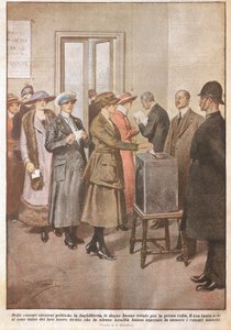 Politiska val i England: Kvinnor röstar för första gången, av Achille Beltrame (1871-1945), från La Domenica del Corriere, 1900-talet av Achille Beltrame