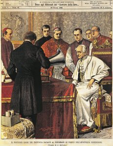 Påve Leone XIII läser välsignelse till grammofon, av Achille Beltrame (1871-1945), från La Domenica del Corriere, 29 mars 1903 av Achille Beltrame