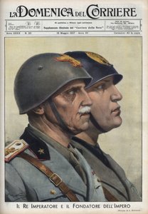 Profiler av kung Vittorio Emanuele (Victor Emmanuel) III och Duce Benito Mussolini, grundare av imperiet, i vägen för romerska kejsare. Illustration av Achille Beltrame i "La domenica del Corriere"" av 1937-05-16. av Achille Beltrame