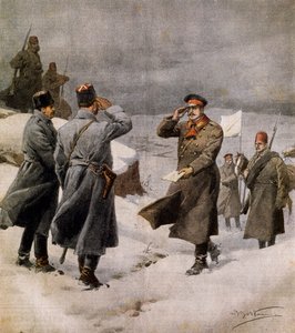 Återupptagande av kriget, turkisk parlamentsledamot anländer till bulgariskt läger med ett meddelande om vapenstilleståndets slut, av Achille Beltrame (1871-1945), illustration från La Domenica del Corriere, 9 februari. av Achille Beltrame
