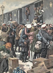 Ryssland. Reservisters avgång. Illustrerad av Antonio Beltrame. "Kurirens söndag". 9 oktober av Achille Beltrame