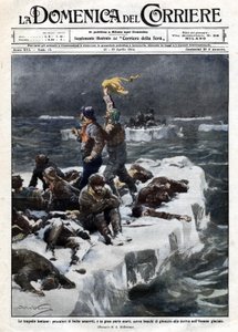 Sälfiskare, av vilka några dog, förblev strandade på havets drivande is. Ill. de Beltrame. "" La Domenica del corriere"". 1914-04-12-19. av Achille Beltrame