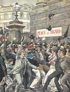 Andra boerkriget. Meddelande om slutet på kriget på Londons gator. Illustration av Antonio Beltrame. "Kurirens Domenica" av Achille Beltrame