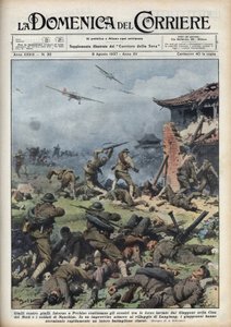 Andra kinesisk-japanska kriget (1937-1945): sammandrabbningar mellan japanska och kinesiska vapen nära Pekin, japanerna utrotar snabbt en hel kinesisk bataljon. Illustration av Achille Beltrame från "La domenica del corriere"" av 1937-08-08. av Achille Beltrame