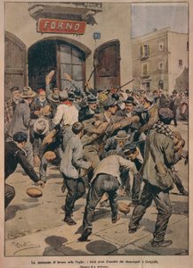 Allvarlig arbetsbrist i Apulien, ugnar som stormas av Cerignolas arbetslösa, av Achille Beltrame, illustration, Illustratör Achille Beltrame (1871-1945), från La Domenica del Corriere, 20 december 1908 av Achille Beltrame