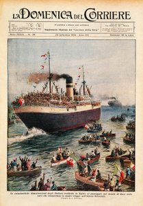 Fartyg som transporterar italienska trupper till Östafrika som korsar Suezkanalen, illustration från La Domenica del Corriere, 20 oktober av Achille Beltrame