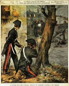 Siciliansk maffiahändelse, Strid mellan carabinieri och maffiagangsters i Trapani, av Achille Beltrame, illustration, illustratör Achille Beltrame (1871-1945), från La Domenica del Corriere, 31 december 1899 av Achille Beltrame